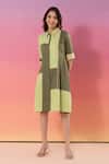 Savaaya_Green Cotton Piping Collared Color Block Denim Dress _Online_at_Aza_Fashions