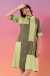 Savaaya_Green Cotton Piping Collared Color Block Denim Dress _at_Aza_Fashions