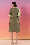 Shop_Savaaya_Green Cotton Piping Collared Color Block Denim Dress _at_Aza_Fashions