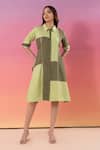 Buy_Savaaya_Green Cotton Piping Collared Color Block Denim Dress _at_Aza_Fashions