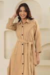 Savaaya_Beige Linen Collared Blend Midi Dress With Belt _at_Aza_Fashions