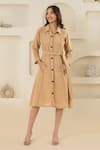 Buy_Savaaya_Beige Linen Collared Blend Midi Dress With Belt _at_Aza_Fashions