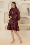 Savaaya_Maroon Linen Collared Blend Dress With Belt _Online_at_Aza_Fashions