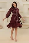 Buy_Savaaya_Maroon Linen Collared Blend Dress With Belt _Online_at_Aza_Fashions