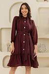 Shop_Savaaya_Maroon Linen Collared Blend Dress With Belt _Online_at_Aza_Fashions