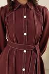 Savaaya_Maroon Linen Collared Blend Dress With Belt _at_Aza_Fashions