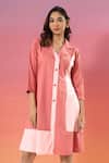 Savaaya_Pink Cotton, Denim V-neck Light And Dark Midi Dress _Online_at_Aza_Fashions