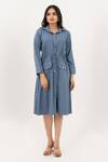 Savaaya_Blue Cotton, Denim Buckles Collared Midi Dress _Online_at_Aza_Fashions