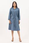 Buy_Savaaya_Blue Cotton, Denim Buckles Collared Midi Dress _at_Aza_Fashions