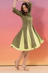 Savaaya_Green Cotton, Denim Collared Light And Dark Puff Sleeve Dress _Online_at_Aza_Fashions