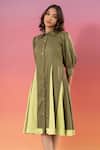 Buy_Savaaya_Green Cotton, Denim Collared Light And Dark Puff Sleeve Dress _Online_at_Aza_Fashions