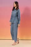 Buy_Savaaya_Blue Cotton, Denim Metallic Thread Collared Pant Set _Online_at_Aza_Fashions