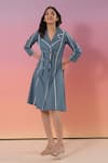 Buy_Savaaya_Blue Cotton, Denim Collared, V-neck Designer Dress _at_Aza_Fashions