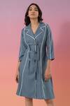 Shop_Savaaya_Blue Cotton, Denim Collared, V-neck Designer Dress _Online_at_Aza_Fashions