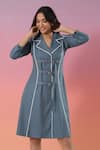 Savaaya_Blue Cotton, Denim Collared, V-neck Designer Dress _at_Aza_Fashions