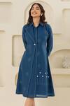 Savaaya_Blue Linen Fabric Flowers Collared Blend Midi Dress _Online_at_Aza_Fashions