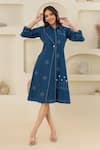 Shop_Savaaya_Blue Linen Fabric Flowers Collared Blend Midi Dress _Online_at_Aza_Fashions