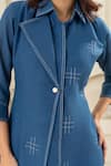 Savaaya_Blue Linen Fabric Flowers Collared Blend Midi Dress _at_Aza_Fashions