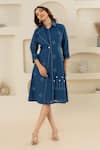 Buy_Savaaya_Blue Linen Fabric Flowers Collared Blend Midi Dress _at_Aza_Fashions