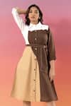 Shop_Savaaya_Multi Color Linen, Cotton Collared Block Midi Dress With Belt _Online_at_Aza_Fashions