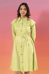 Shop_Savaaya_Green Cotton, Denim Collared Light Dress With Belt _Online_at_Aza_Fashions