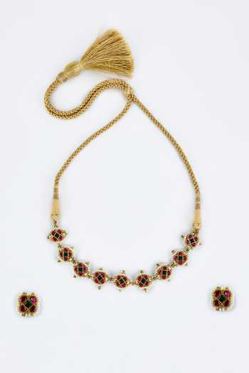 Shop_Vivinia By Vidhi Mehra_Gold Plated And Red Kundan Polki Jewellery Set _at_Aza_Fashions