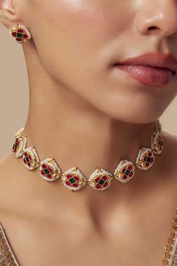 Shop_Vivinia By Vidhi Mehra_Gold Plated And Red Kundan Polki Jewellery Set _Online