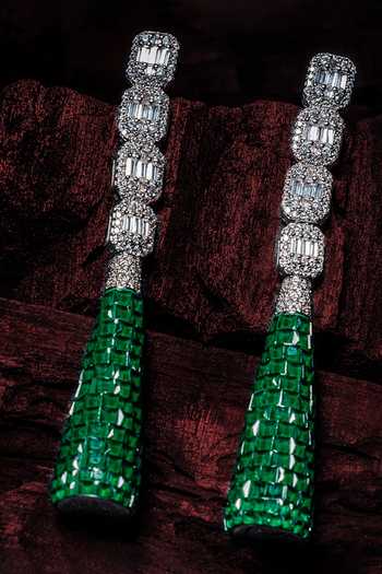 Shop_Vivinia By Vidhi Mehra_Silver Plated Zari And Green Dangler Earrings _at_Aza_Fashions