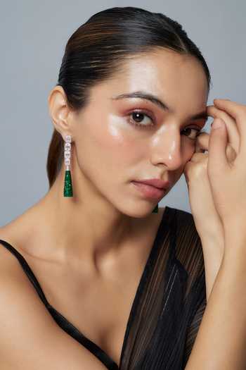 Buy_Vivinia By Vidhi Mehra_Silver Plated Zari And Green Dangler Earrings _at_Aza_Fashions