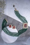 Shop_VIVINIA by Vidhi Mehra_Gold Plated Zari Green Kundan Polki Necklace And Earring Set 