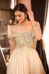 Buy_Aariyana Couture_Beige Tissue Embroidery Off-shoulder Golden Hand Pleated Gown _Online