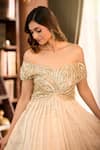 Aariyana Couture_Beige Tissue Embroidery Off-shoulder Golden Hand Pleated Gown 