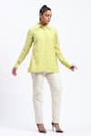 ABRAHAM AND THAKORE_Green Chanderi Cut Work Collared Bird Shirt _at_Aza_Fashions