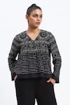 Buy_ABRAHAM AND THAKORE_Black Linen V-neck Tribal Print Top _at_Aza_Fashions