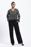Buy_ABRAHAM AND THAKORE_Black Linen V-neck Tribal Print Top 