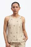 Buy_ABRAHAM AND THAKORE_Gold Chanderi Embroidery Round Neck Maheshwar Top _at_Aza_Fashions