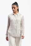 Buy_ABRAHAM AND THAKORE_White Georgette Sequins Collared Broken Stripes Shirt _at_Aza_Fashions