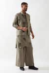 Son of A Noble Snob_Olive Green Linen Embroidery Madox Farm Bundi Kurta Set _Online_at_Aza_Fashions