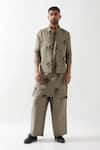 Buy_Son of A Noble Snob_Olive Green Linen Embroidery Madox Farm Bundi Kurta Set _at_Aza_Fashions