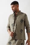 Son of A Noble Snob_Olive Green Linen Embroidery Madox Farm Bundi Kurta Set _at_Aza_Fashions