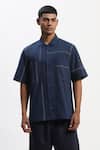 Buy_ABRAHAM AND THAKORE_Navy Cotton Tonal Patchwork Casual Shirt _at_Aza_Fashions