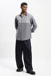 Abraham And Thakore_Navy Cotton Engineered Dual Woven Shirt _at_Aza_Fashions