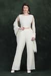 LABEL IVISH_Ivory Georgette Sequins, Beads Round Neck Hand Embroidered Fusion Set _at_Aza_Fashions