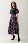 Son of A Noble Snob_Black Cotton Satin Round Neck Queen Co-ord Set With Floral Skirt _Online_at_Aza_Fashions