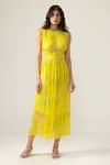 REENA SHARMA_Yellow Viscose Round Neck Alina Ruching Dress _Online_at_Aza_Fashions
