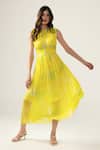 Buy_REENA SHARMA_Yellow Viscose Round Neck Alina Ruching Dress _Online_at_Aza_Fashions