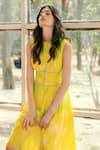 REENA SHARMA_Yellow Viscose Round Neck Alina Ruching Dress _at_Aza_Fashions