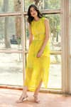 Buy_REENA SHARMA_Yellow Viscose Round Neck Alina Ruching Dress _at_Aza_Fashions
