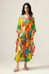 Buy_REENA SHARMA_Multi Color Viscose, Linen V-neck Isha Kaftan _at_Aza_Fashions