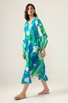 REENA SHARMA_Blue Viscose, Linen V-neck Floral Print Kaftan _Online_at_Aza_Fashions